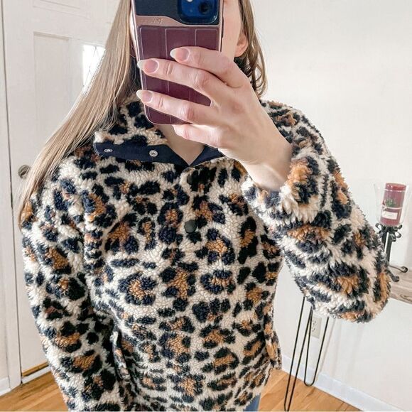 J Crew Vintage Fleece Snap-Collar Sherpa Fleece Pullover Leopard XXS - Picture 5 of 11